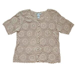 JM Studio Crochet Button Front Cardigan Lace Knit Silk Cotton Short Sleeve